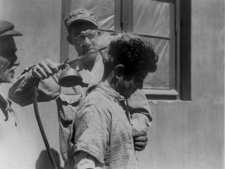 This historic image depicts a U.S. soldier as he was in the process of demonstrating dichlorodiphenyltrichloroethane, or DDT hand-spraying equipment, used to apply this insecticide to an unidentified recipient’s head