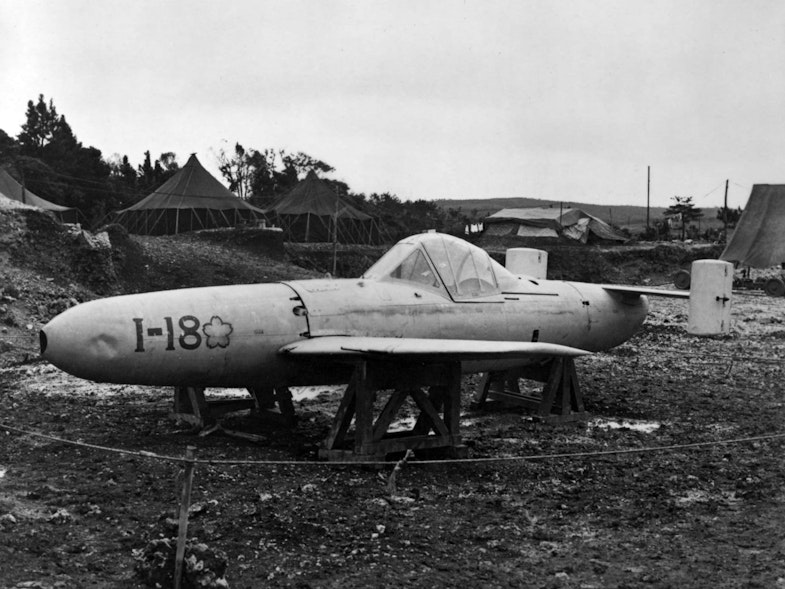 A Japanese MXY-7 Model 11 Okha suicide plane captured on 1 April 1945 at Yontan airfield, Okinawa