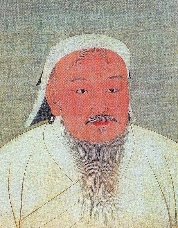 Taizu, better known as Genghis Khan. Portrait cropped out of a page from an album depicting several Yuan emperors (Yuandjai di banshenxiang), now located in the National Palace Museum in Taipei