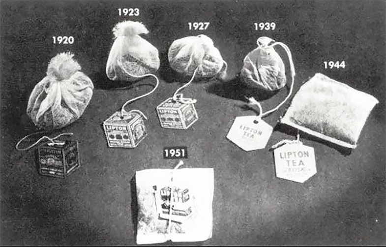 A selection of Lipton tea bags over the years, from 1920 to 1951